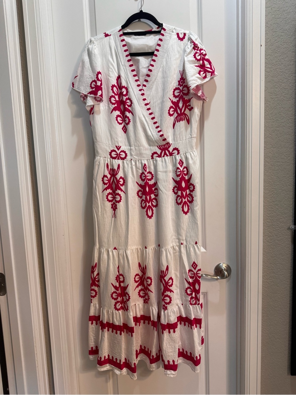 Pretty Garden White/hot pink Floral Boho Maxi Dress Large Vneck Short Sleeve